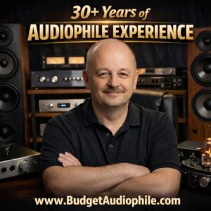 High-end audiophile stereo system with premium speakers, tube amplifiers, and reference audio components overlooking the Chicago skyline with Willis Tower in the background.