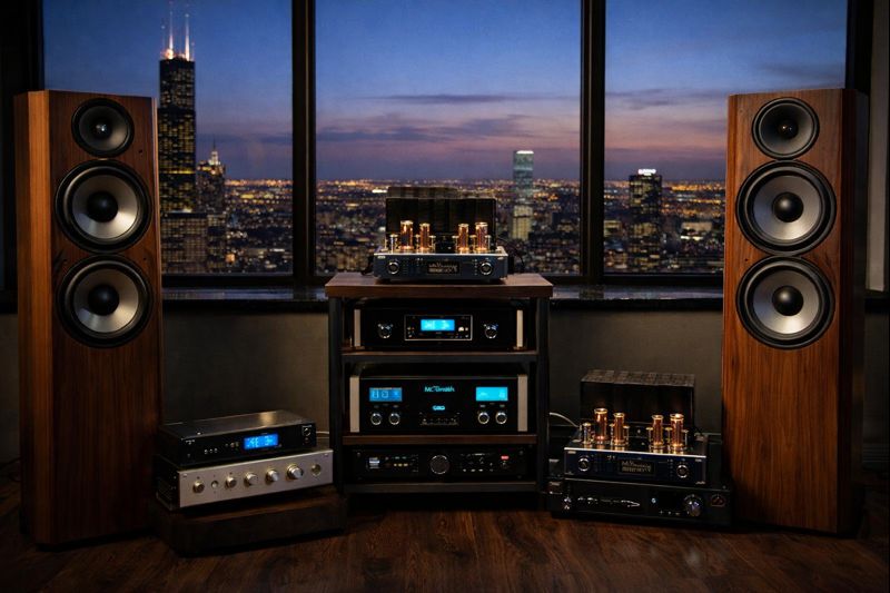 High-end audiophile stereo system with premium speakers, tube amplifiers, and reference audio components overlooking the Chicago skyline with Willis Tower in the background.