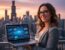 Professional woman working on a laptop with the Willis Tower Chicago skyline in the background, representing the best local SEO services in Chicago and digital marketing authority.
