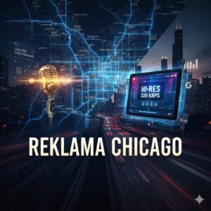 Professional radio advertising in Chicago for the Polish-American community. PolskieRadio.us microphone and logo promoting marketing services for Polonia in the USA.