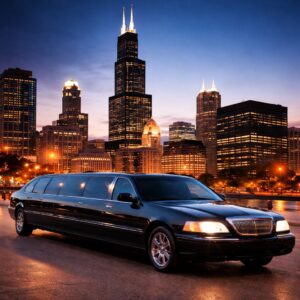Chicago limousine service with luxury stretch limo near Willis Tower skyline, airport limo service Chicago, O'Hare airport limo transportation, Chicago luxury limo rental, executive black car service Chicago suburbs